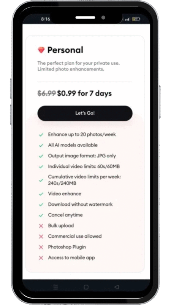 Remini Pricing personal plan